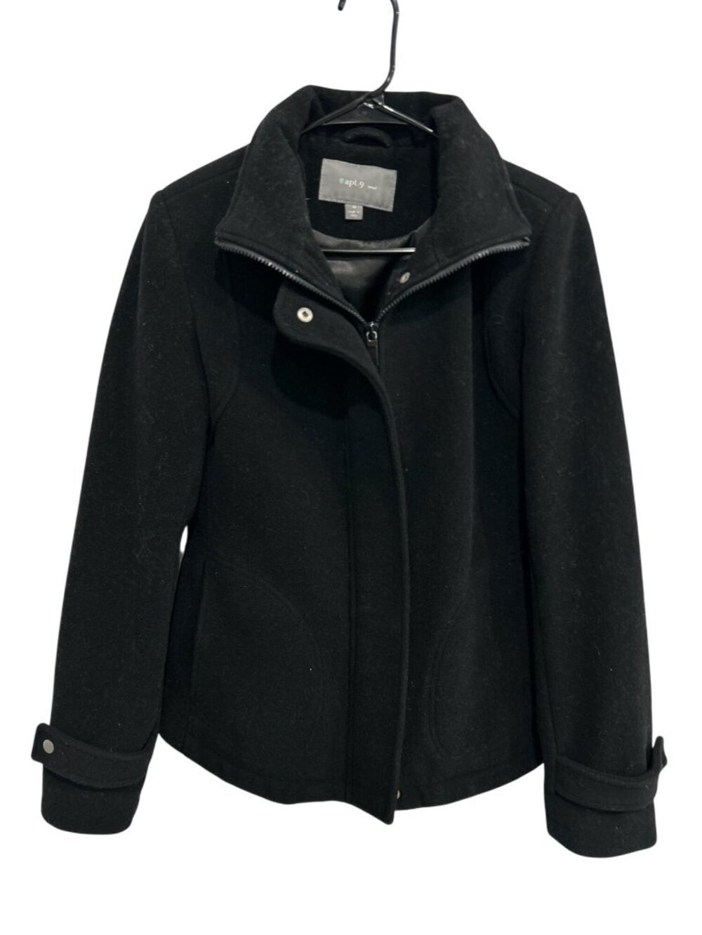 Apt. 9 Medium Black Wool Blend Zip-Up Adjustable Hem Jacket Goth Cozycore